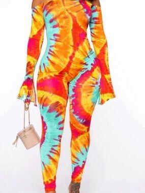 Fashion Nova Orange, Aqua & Pink Tie-Dye Off-Shoulder Jumpsuit